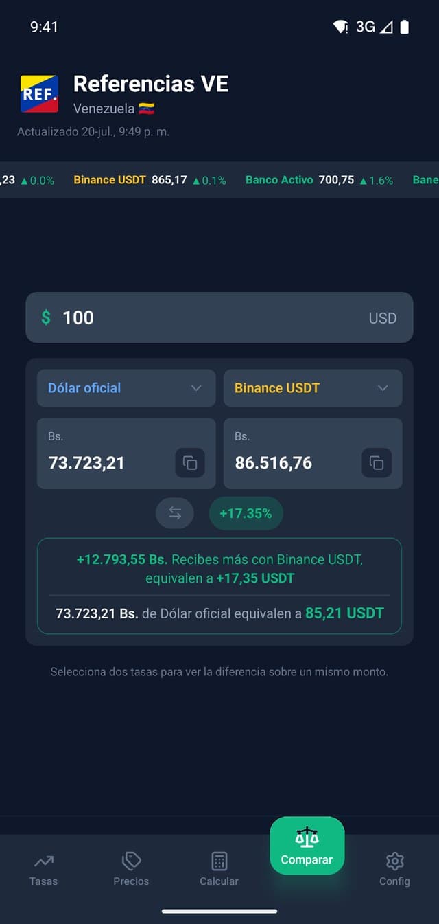 Comparador de la app entre el dólar oficial y Binance USDT
