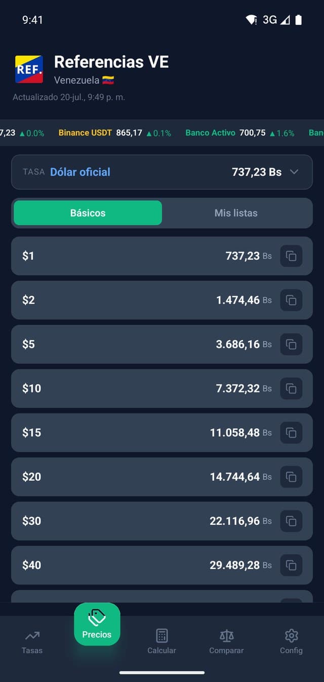 Tabla de precios de la app de 1 a 40 dólares en bolívares