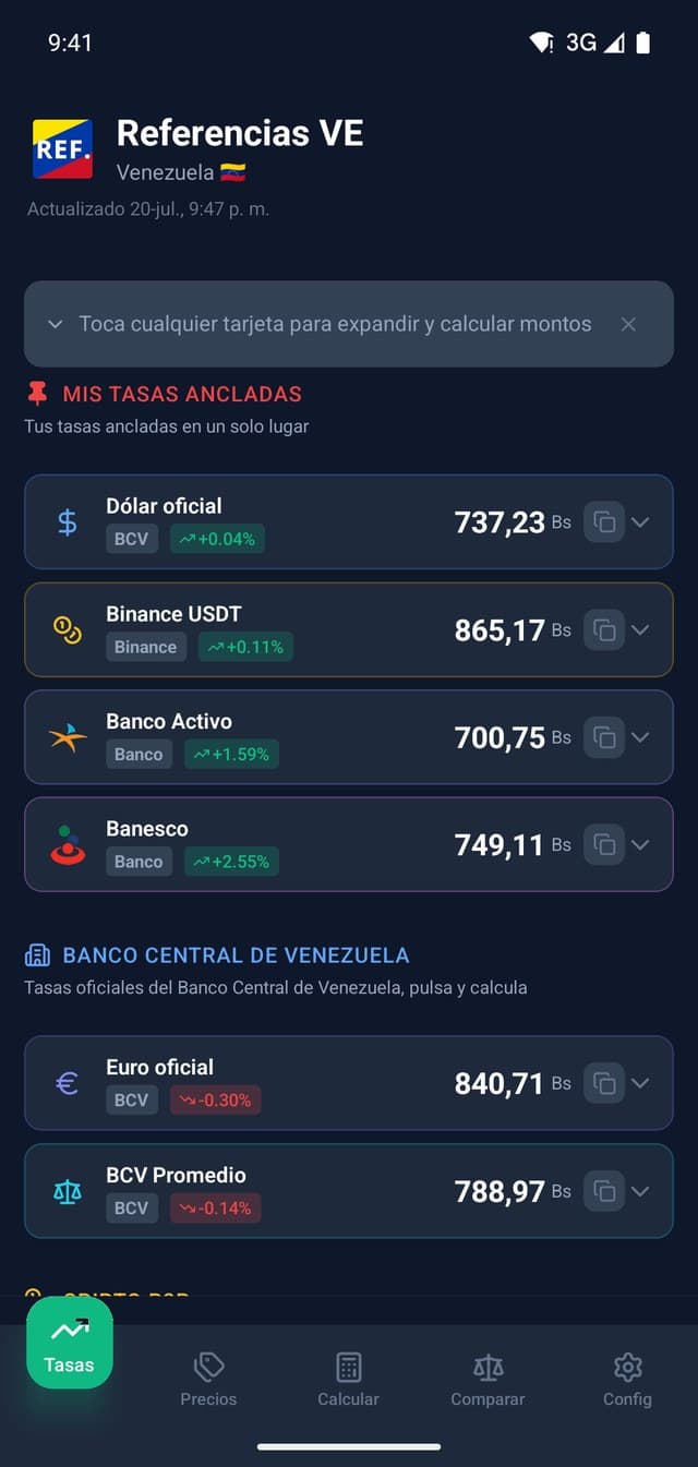 Pantalla Tasas de la app Referencias VE